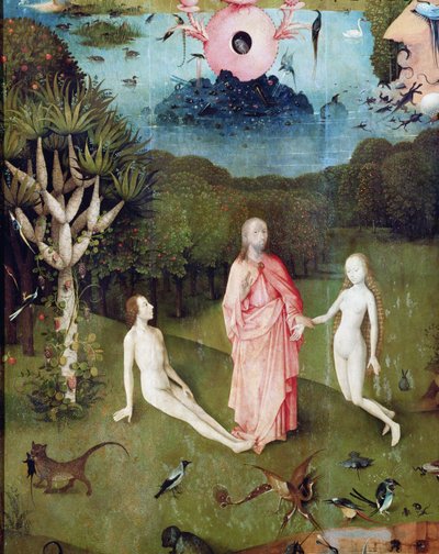 De Tuin der Lusten: De Tuin van Eden, linker paneel van drieluik, ca. 1500 (detail) door Hieronymus Bosch